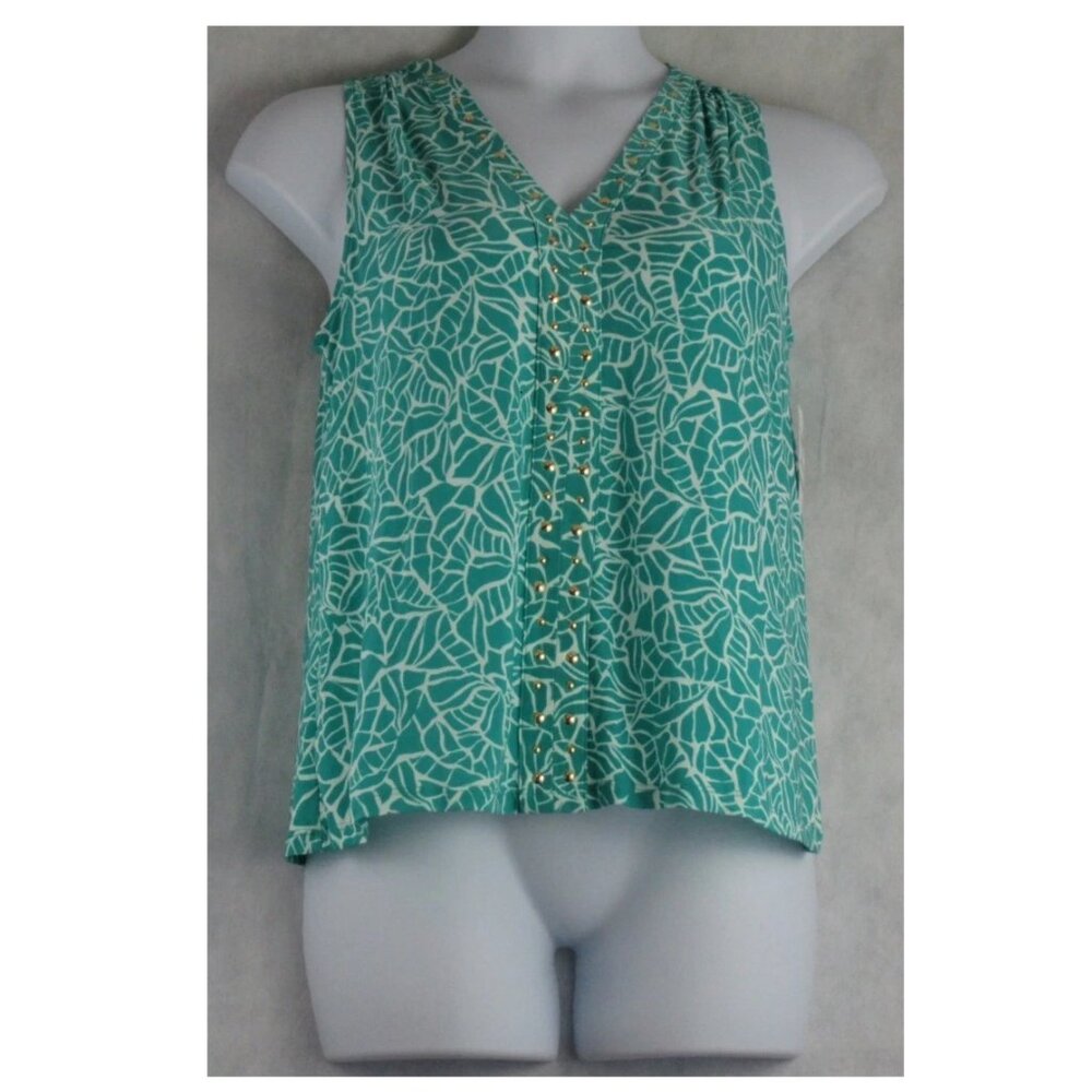 NWT INC International Concepts Women's V-Neck Studded Tank Top, Mosaic Teal, M